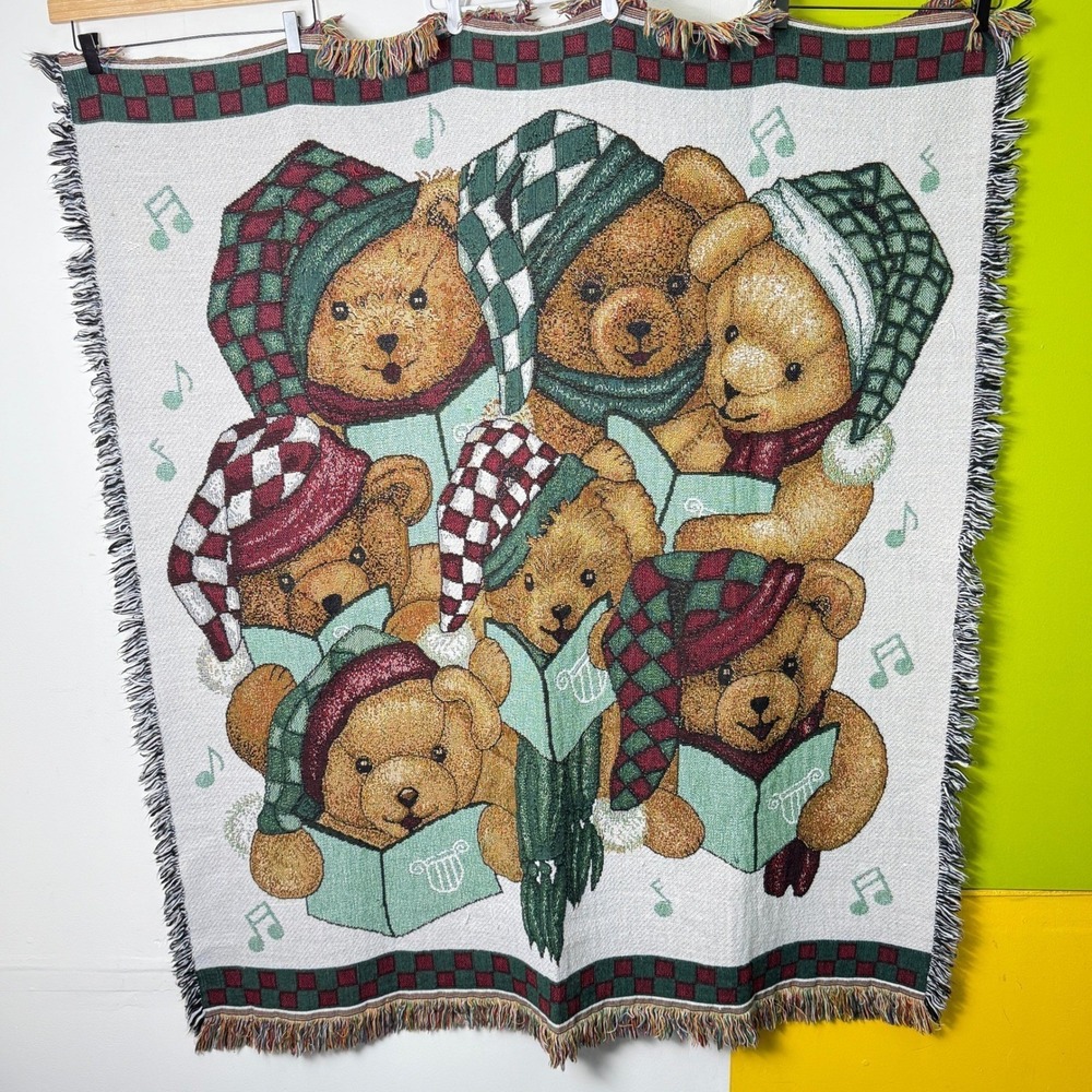 Christmas Tapestry Teddy Bear Blanket Chorus Musical Throw American Weavers